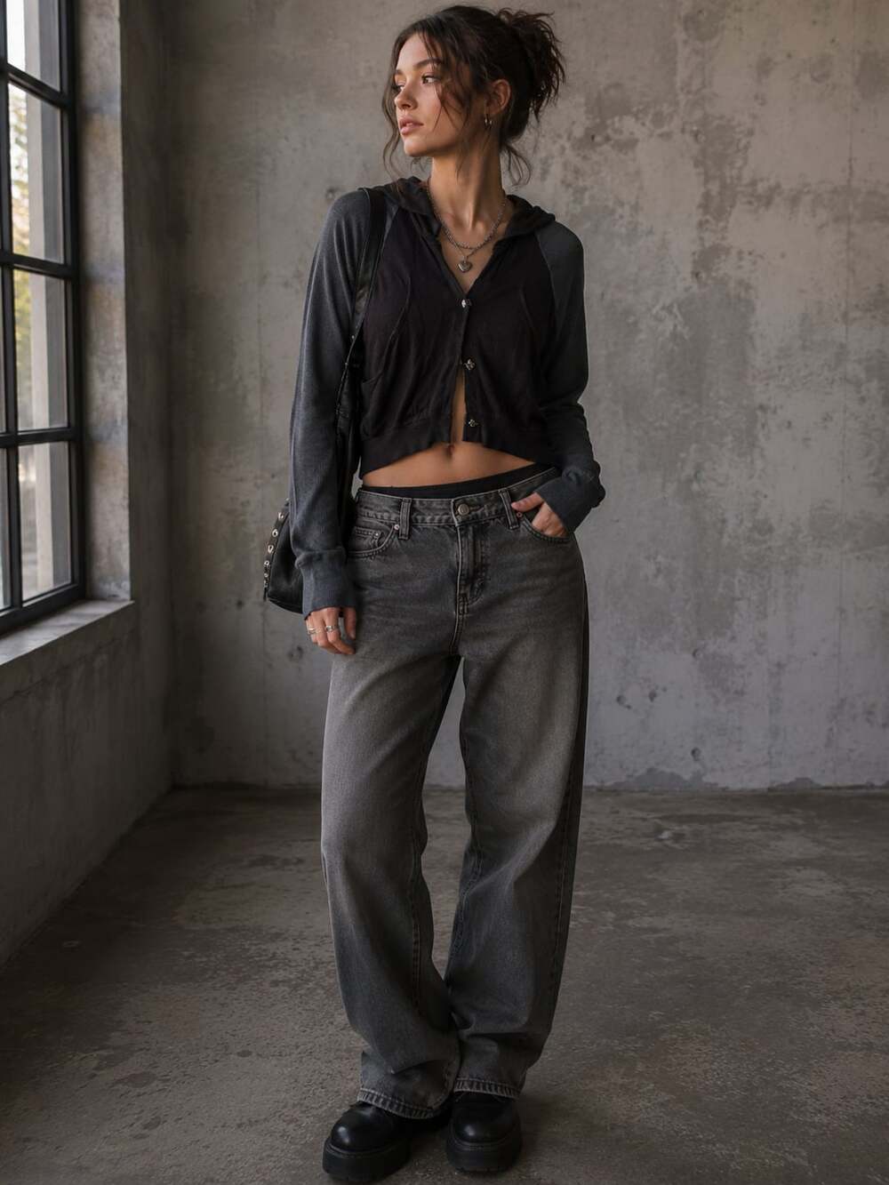 Free‎ People London Calling Hooded Cardigan Top Gray Black Herringbone M